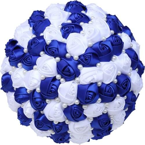 Large Royal Blue White Bride Wedding Bouquet with Ribbon Rose Pearl Sister Group Party Supplies Marriage Bouquets W322