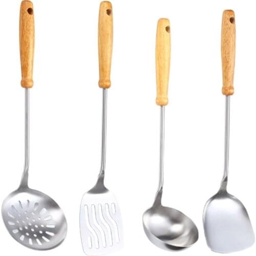 Wooden Handle Wok Spatula Stainless Steel Spatula Cooking Utensils Set Spoon Long Handle Large Turner Fried Steak Shovel