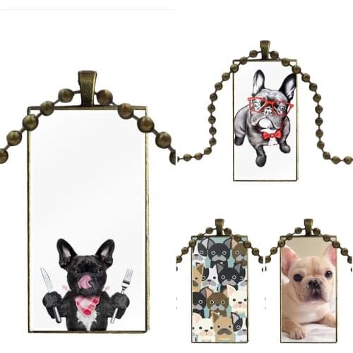 For Kids Beads Design Fashion Vintage Glass Women Rectangle Necklace Pendants French Bulldog Offer Vertical
