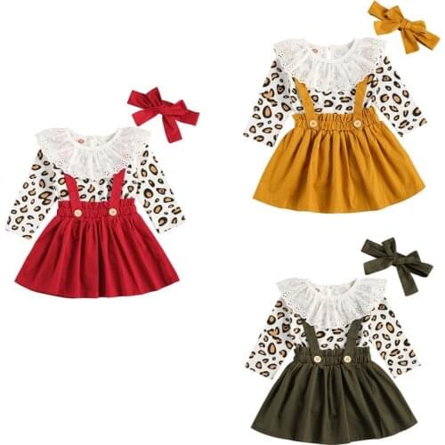 Little Girls 3Pcs Set, Infant Leopard Printed Long Sleeve Lace Crew Romper Top+Solid Strap Skirt+Bow Tie for Toddlers 0-3Y