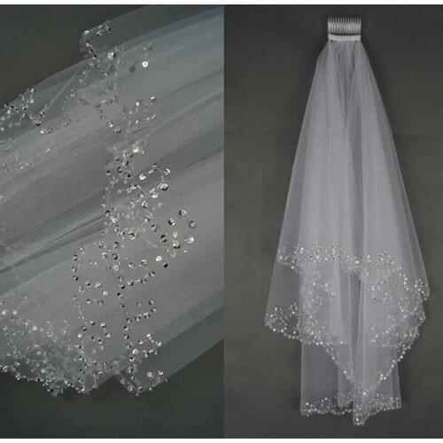 Elegant Short Wedding Veil with Comb Two Layers Tulle Beaded Edge Bridal Veil White Ivory Wedding Accessories