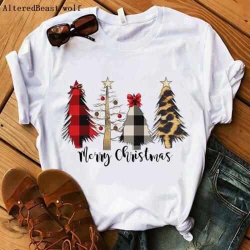 Plaid pine tree Merry Christmas T Shirt Women fashion white cute Christmas tshirt women vogue style clothes female casual tops