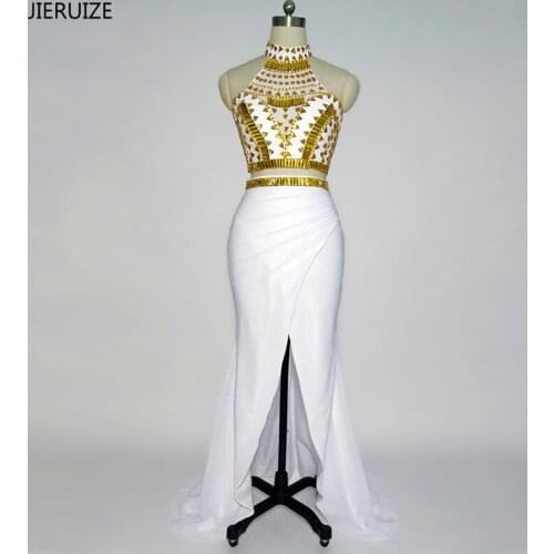 JIERUIZE White And Gold Crystals Mermaid Prom Dresses Long Two Pieces Prom Dresses Side Slit Party Dress robe de bal longue
