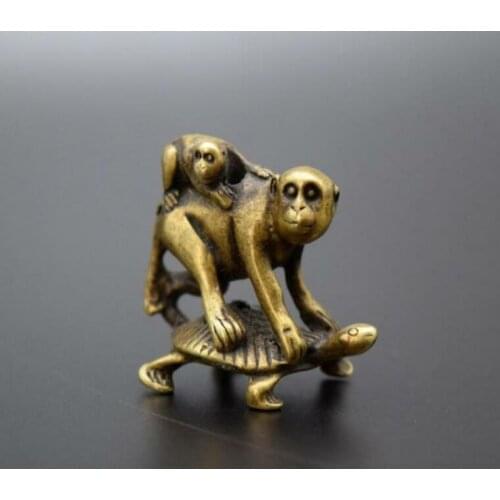 Chinese Pastoral Style Pure Copper Brass Bronze Turtle Back Monkey Small Statue