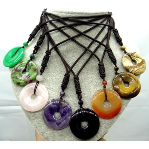 40mm Natural stone Quartz Crystal tiger eye aventurine Opal Turquoises donut charms Pendant for diy Jewelry making necklace