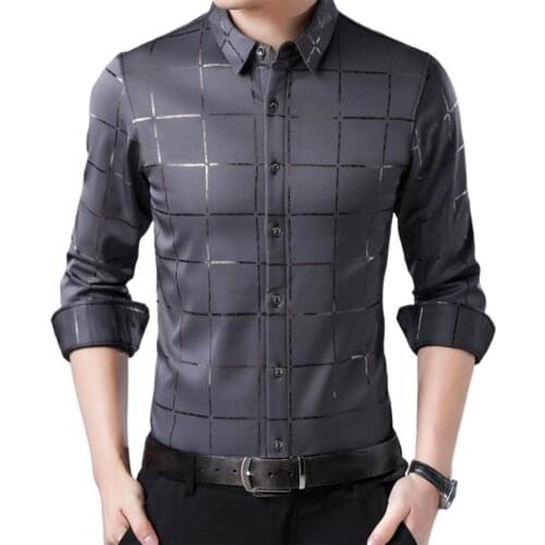 Men Chinese Style Dress Shirt Large Plaid Satin Surface Casual Non-iron Turndown Collar Single-breasted Shirt for Business