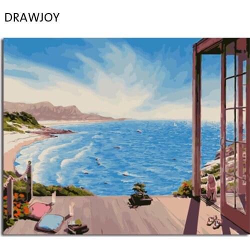 DRAWJOY Framed Home Decor Picture Painting By Numbers Seascape DIY Canvas Oil Painting Wall Art For Living Room Picture