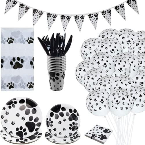 Pet Party Birthday Theme Dog Paw Handprint Pattern Paper Cup Plate Flag Tablecloth Disposable Tableware Set