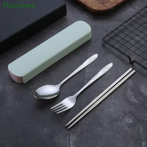Stainless Steel Tableware Set Three-piece Portable Chopsticks Spoon Fork Set Single Storage Box Dinnerware Set Silverware Set