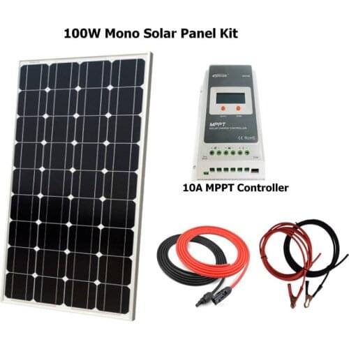 Solar System Kits 100W 1x100W monocrystalline solar panel 12V, 10A MPPTsolar charge controller, 2 set cable, RV/Marine Off Grid