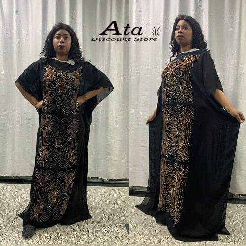 2021New African Dresses Kaftan Abaya Islamic Clothes Batwing Sleeves Fashion Diamond Boubou Cotton Turban Long Dress For Lady