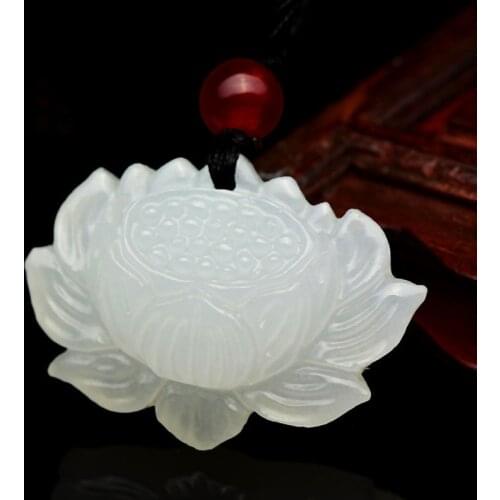 Natural White Jade Lotus Pendant Necklace Chinese Jadeite Hand-Carved Fashion Charm Jewelry Accessories Amulet Men Women Gifts