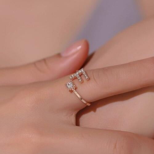 26 Letters Adjustable Rhinestone Ring Couple Stackable Ring for Women Crystal Silver Color Charm Band Wedding Jewelry Gifts