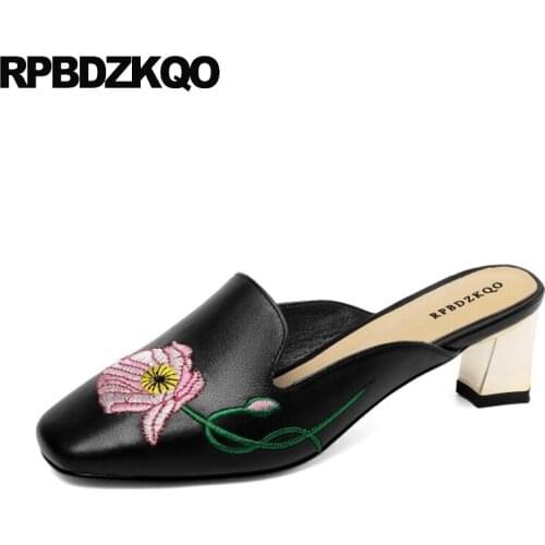 Flower embroidered square toe genuine leather 11 43 high heels block pumps sandals fashion brand women shoes 2019 plus size new