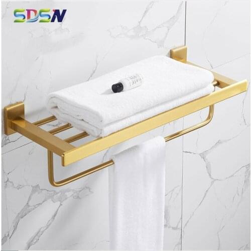 Bathroom Towel Rack SDSN Brushed Gold Towel Rack Wall Mounted Bathing Towel Shelf Space Aluminum Brushed Gold Bath Towel Rack