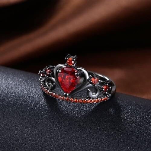 Vintage Black Gun Plated Garnet Crown Shaped Red Cubic Zirconia Best love Gift Party Wedding Ring AR2099