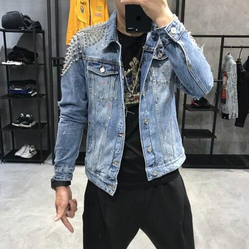 High Quality Rivet Lapel Hole Ripped Male Denim Jackets Fashion Punk Style Single Breasted Slim Mens Outwear Coats Plus Size