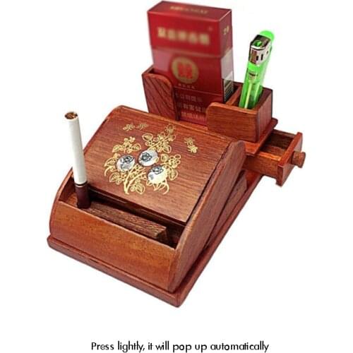 Solid Wood 16 Regular Cigarettes Case Box Holder Automatic Ejection Case Lighter Storage Box with Flower Pattern for Smoking