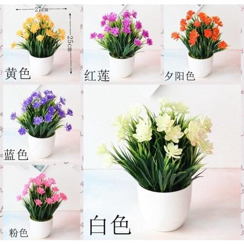 Green Artificial Spring Grass with Flowers Potted Bonsai Home Garden Outdoor Indoor Decoration Fake Flores plantas artificiales