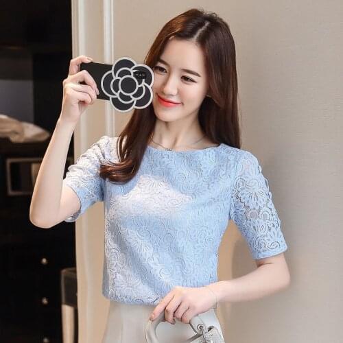 Summer Slim Hots Fashion Short Sleeves Lace Shirt Korean Style Womens Casual O Neck Sweet Female Slash Neck Tops