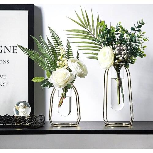 Nordic Decoration Home Gilded Gold Iron Art Hydroponic Glass Vase Creative Decoration House Vase Metal Test Tube Vase
