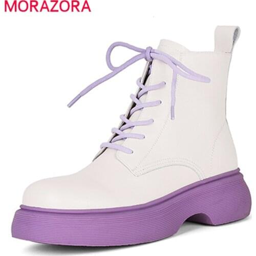 MORAZORA 2021 Hot Sale Flat Platform Shoes Women Boots Genuine Leather +Pu Lace Up Fashion Cool Winter Shoes Women Ankle Boots