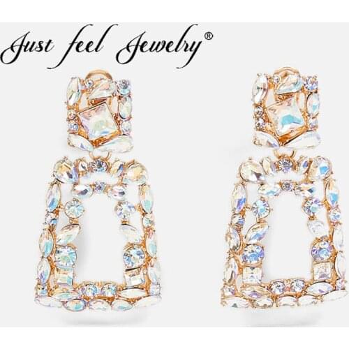 JUST FEEL ZA Shiny AB Color Crystal Drop Earrings For Women Geometric Rhinestone Big Statement Earrings Wedding Bridal Jewelry