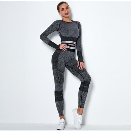 Women Elastic Gym outfits Workout Clothes Long Sleeve Fitness Crop Top High Waist Seamless Leggings Women yoga Sport Suit