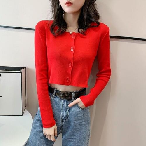 Knitted Slim Short Crop Top Femme Spring Autumn New All-match Open Stitch Sweaters Women Solid V-Neck Long Sleeve Sweater Mujer