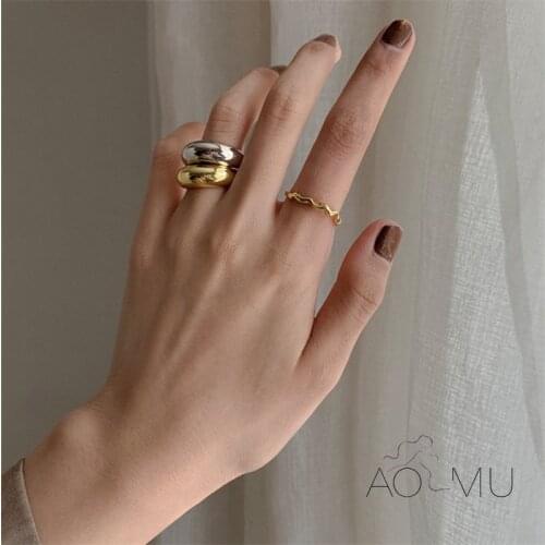 AOMU 2020 New Ins Geometric Irregular Circle Arc Wide Version Minimalism Silver Color Gold Color Metal Finger Ring for Women
