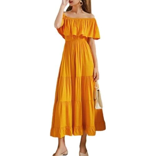 Women Dress Solid Color Short Sleeve Ruffle Off Shoulder Backless Dress Women Summer Boho Elegant Dress robe femme Vestidos 2021