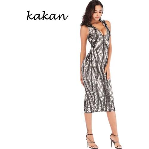 Kakan 2019 summer new womens sequin dress sexy deep V-neck stretch sleeveless dress club party gold black dress