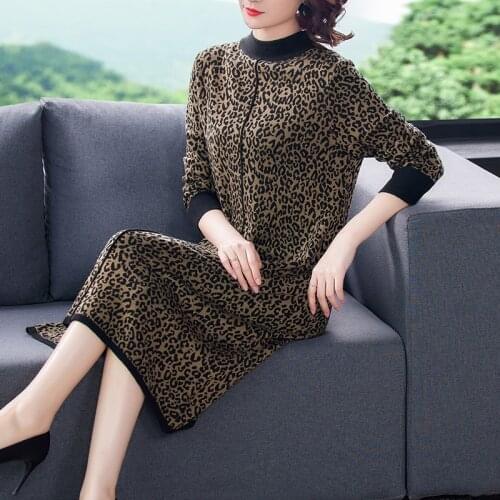 2021 Autumn Vintage Leopard Print Sweater Dresses Winter Casual 3XL Plus Size Knitting Midi Dress Elegant Bodycon Women Vestidos
