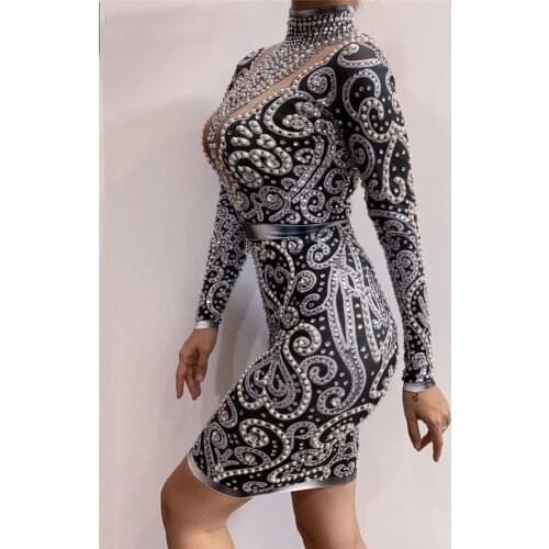 Women Singer Black Gray Rhinestones Pearls Long Sleeves Dress Sexy Spandex Outfit Birthday Celebrate Evening Dress