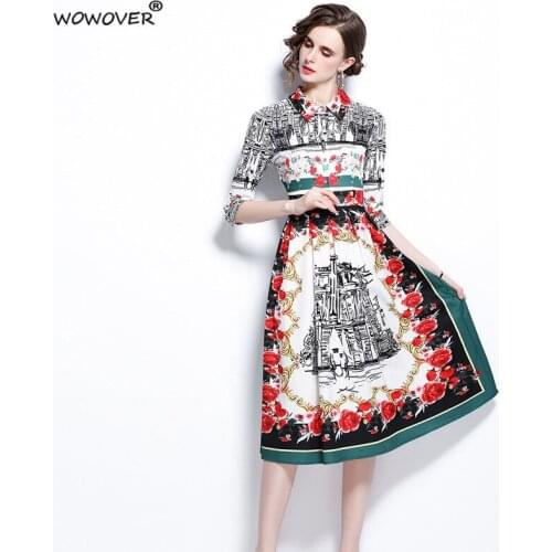 Fashion Designer Turn Down Collar Print Vintage Dress Womens Summer Clothes High Waist Casual Aline Midi Holiday Robe Femme