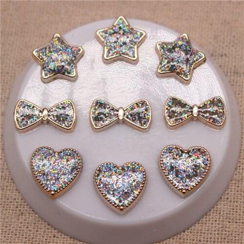 50PCS Glitter AB Golden Circle Heart/Star/Bow Plastic Flatback Button DIY Decoration Jewelry/Craft Accessories