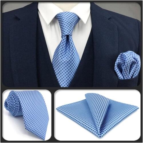 B6 Azure Blue Polka Dots Silk Mens Necktie Set Wedding Classic Ties for Male Brand New Dress Hanky Extra Long Size 63" 160cm