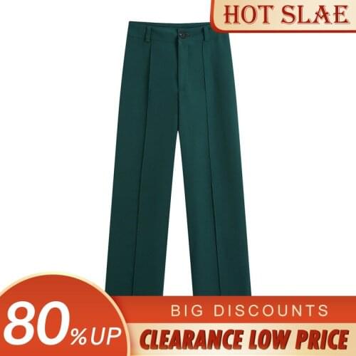 Women Fashion Office Wear Side Pockets Straight Pants Vintage High Waist Zipper Fly Female Trousers Flat Fashion Bottoms 2021