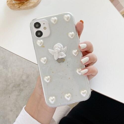 Cute 3D Love Heart Pearl Angel Phone Case For iPhone 12 11 Pro Max Mini X XR XS Max 7 8 Plus SE2020 Glitter Clear Soft TPU Cover