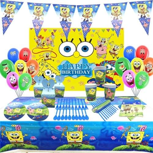Kids Happy Birthday Party Decorations Sponge-Bob Tableware Birthdays Balloons 1-9years Kit Diposable Cup Plates Party Supplies