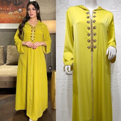 Robe Plus Size Arabic Dubai Middle East Islamic Maxi Dress Women Clothing Ramadan Eid Jalabiat Hooded Hijab Dress Manual Diamond