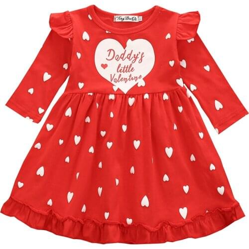 Daddys Little Valentine Girls Dresses Print Love Heart Cotton Long Sleeve Spring Red Kids Clothes Vestidos Girl Party Gown