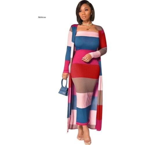 Sexy Womens Two Pieces Set Pit Strip Printing Color Matching Dress + Long Coat Autumn Winter New Women Outfits