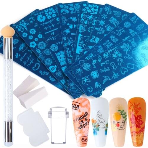 Nail Stamping Plate Set Silicone Templates Flower Leaf Flamingo Abstract Line Design Transfer Stencil Nail Art Tool NLSU01-08-1