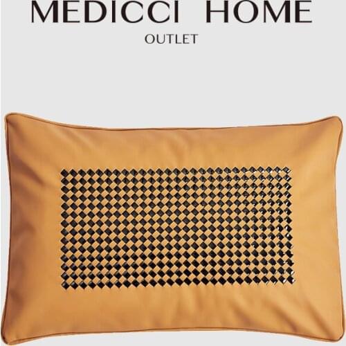 Medicci Home Italy Import Leather Lumbar Pillow Cover Hand Woven Geometric Handicraft High End Luxury Sofa Cushion Case Yellow