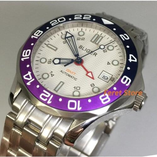 BLIGER 41mm Mens Watch Silver case Automatic white dial GMT Movement Date Window Sapphire Glass Luminous Marks Wristwatch