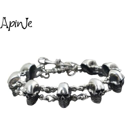 Apinje Vintage Bracelet Men 925 Sterling Silver Skull Bracelet Punk Hip Hop Biker Mens Jewelry