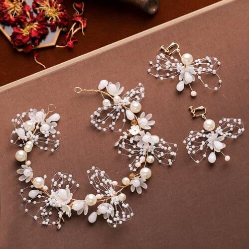 Bridal Jewelry Set Wedding Headdress Pearl Beads Hairband With Earrings Childrens Handmade Wreath Headdress Gorgeous Jewelry