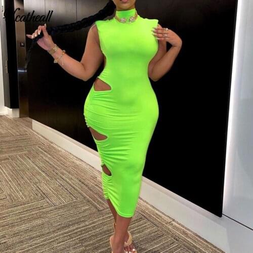 Solid 2021 Summer Y2K Bodycon Dress Women Midi Sleeveless Penicl Club Dress Hollow Out Sexycut Out Dresses Backless