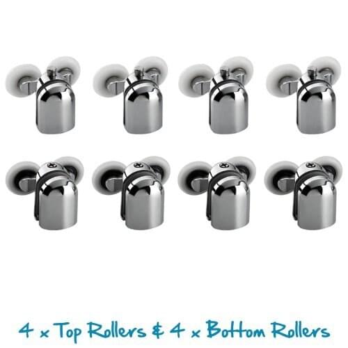 Replacement Shower Door Fixing Wheels in Chrome - 4x Top & 4x Bottom - Fits Glass 6-8mm